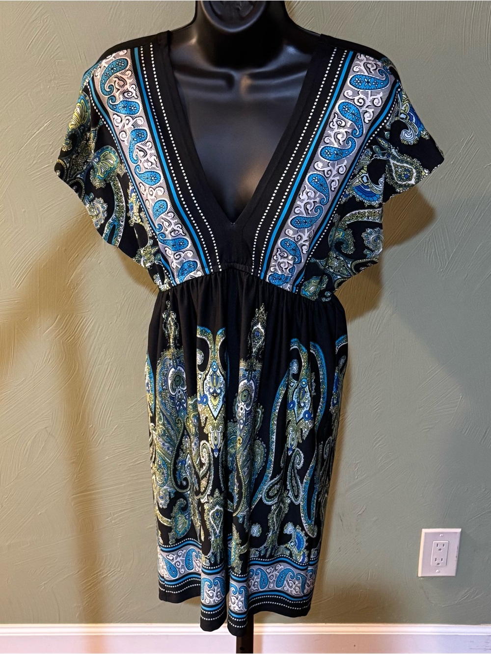 Bailey Blue Paisley V-Neck Dress Empire Waist Women's Size M Black Blue Green - Picture 7 of 13